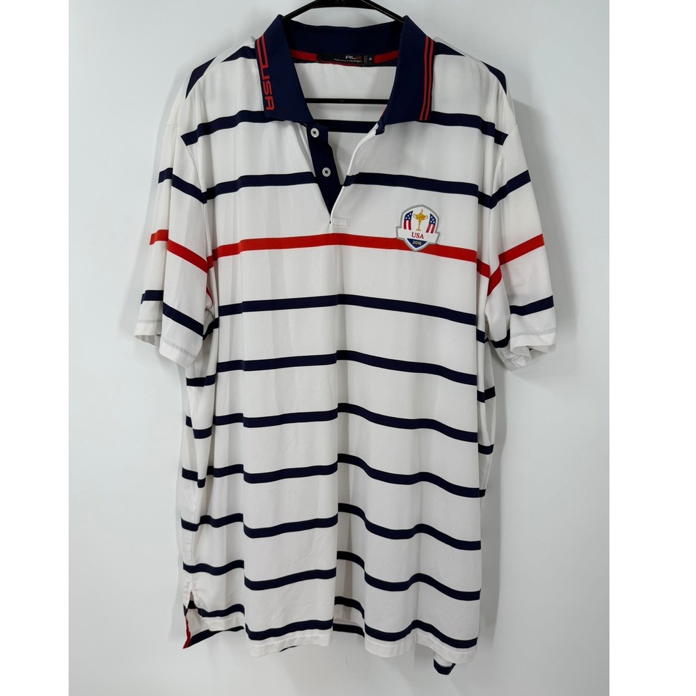 RLX Ralph Lauren Mens XXL 2016 Ryder Cup‎ USA Polo Shirt Striped White Navy Red